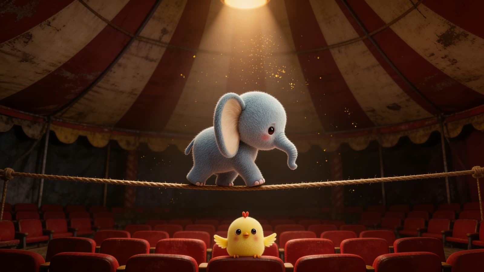 Kkiri the baby elephant walking the tightrope while Kkoo the little chick watches from the front row