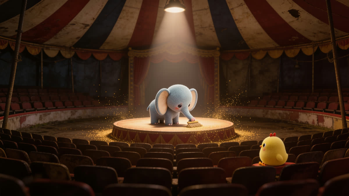 Kkiri sweeping the small circus stage while Kkoo watches from the empty seats